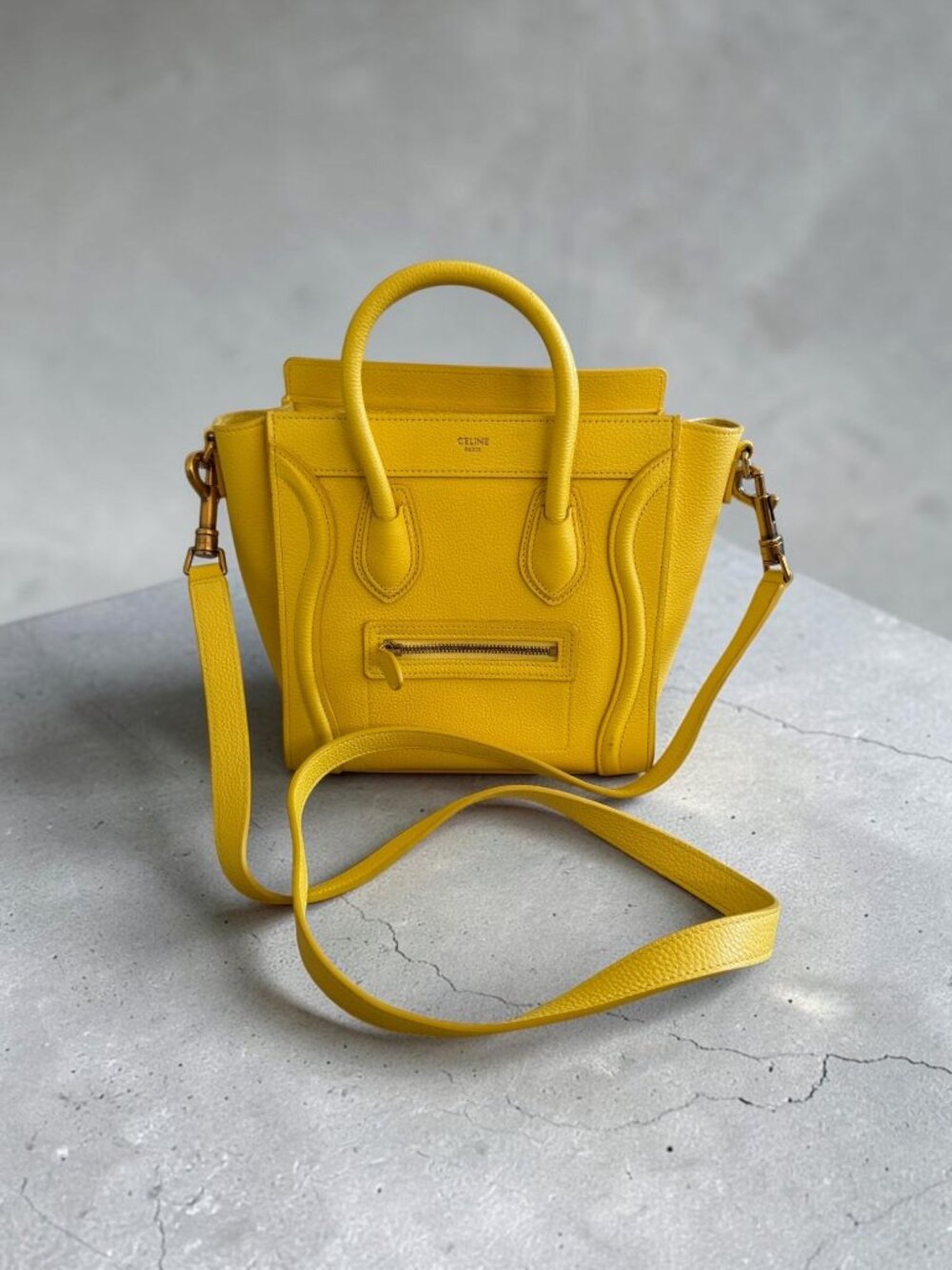 CELINE Citron Yellow Luggage Nano Leather Handbag w/ Strap